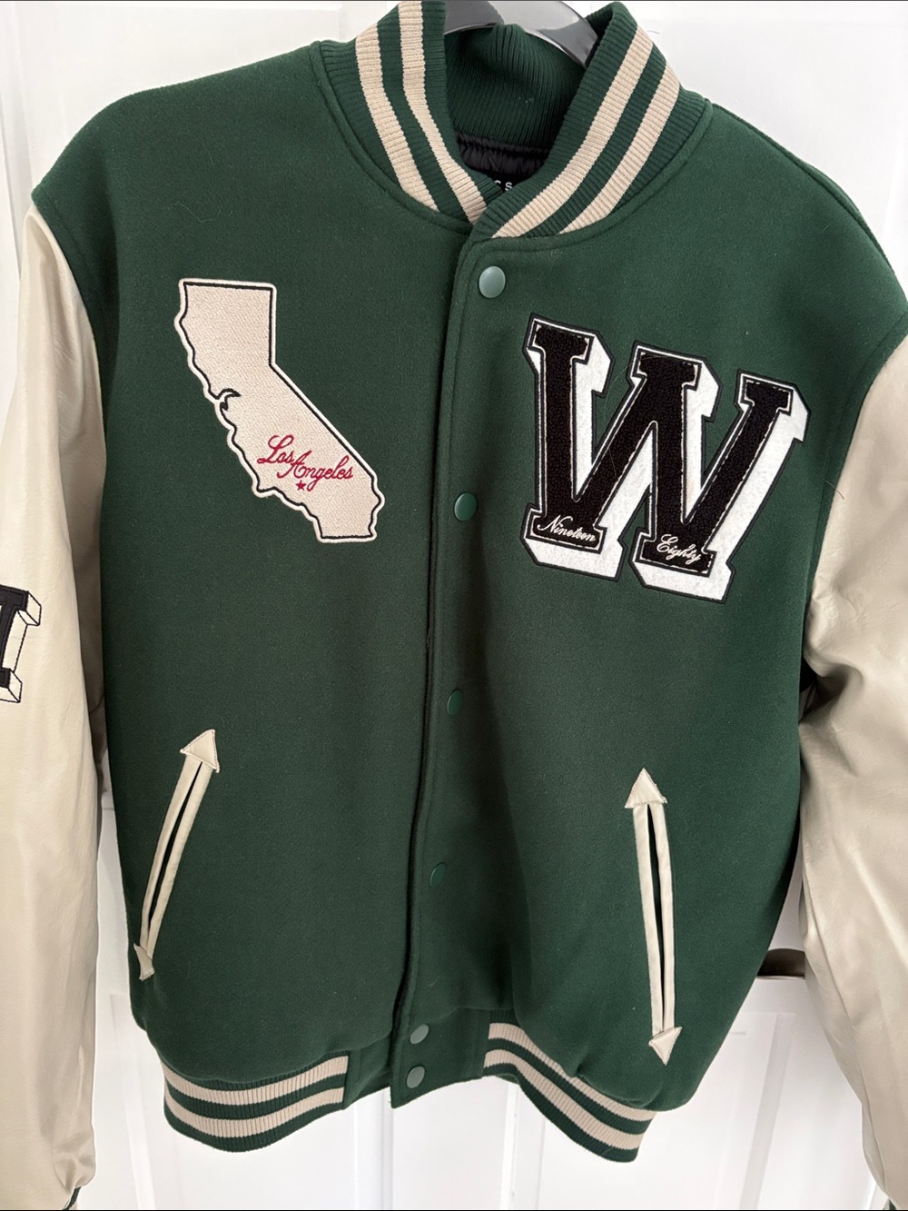 PacSun Green and Cream Varsity Jacket with W Patch
